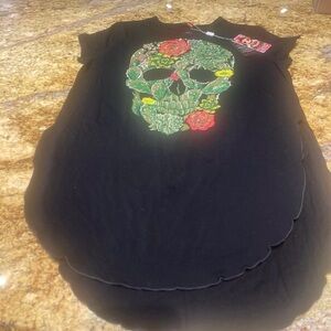 Black Short Sleeve Tee with Floral Skull Graphic